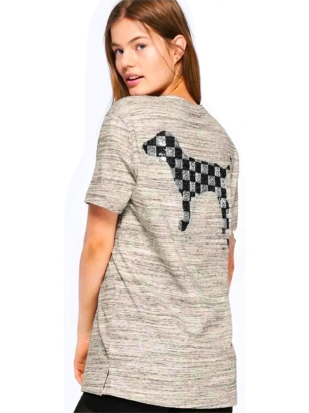PINK Victoria's Secret EUC Gray Marled Tee with Sequin Checkerboard Dog Graphic